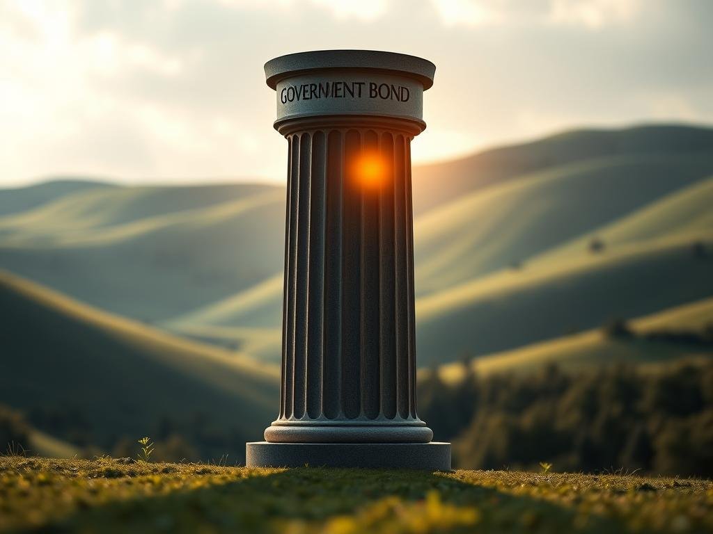 A serene financial landscape where a government bond stands as a sturdy pillar, casting a protective shadow over the foreground. The bond's surface reflects the warm glow of a sun, symbolizing the financial security it provides. In the background, rolling hills of lush greenery suggest the long-term growth and stability associated with this investment. The composition is balanced, with a sense of weight and solidity, conveying the reliable nature of this financial instrument. The lighting is soft and diffused, creating a calming, contemplative atmosphere. The angle is slightly elevated, allowing the viewer to appreciate the bond's stature and significance within the overall scene. Investimentos Inteligentes para 2025
