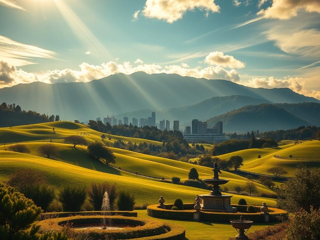 A serene landscape of rolling hills and lush greenery, with a modern city skyline in the distance. The foreground features a well-manicured garden, with a fountain and sculptures that evoke a sense of refined elegance. Rays of warm, golden sunlight filter through wispy clouds, casting a soft glow over the scene. In the middle ground, sleek, contemporary office buildings and high-rise apartments stand tall, symbolizing the growth and prosperity of international investments. The background is dominated by a stunning mountain range, its peaks touching the azure sky, suggesting the boundless opportunities that await beyond one's borders. The overall composition conveys a sense of tranquility, stability, and global interconnectedness, inviting the viewer to consider the rewards of diversifying their financial portfolio across international markets. Uma paisagem serena de colinas ondulantes e verdejantes, com um horizonte urbano moderno à distância. O primeiro plano apresenta um jardim bem cuidado, com uma fonte e esculturas que evocam uma sensação de elegância refinada. Raios de luz dourada e morna filtram-se através de nuvens finas, lançando um brilho suave sobre a cena. No plano médio, edifícios de escritório contemporâneos e apartamentos altos se erguem, simbolizando o crescimento e a prosperidade dos investimentos internacionais. O fundo é dominado por uma deslumbrante cadeia de montanhas, cujos picos tocam o céu azul, sugerindo as oportunidades ilimitadas que aguardam além das fronteiras. A composição geral transmite uma sensação de tranquilidade, estabilidade e interconectividade global, convidando o espectador a considerar as recompensas de diversificar seu portfólio financeiro em mercados internacionais.