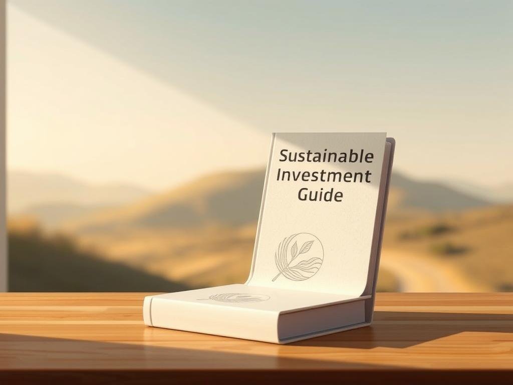 A serene, minimalist illustration of a "Sustainable Investment Guide" against a soft, blurred background. In the foreground, a clean, modern design showcases a sleek, hardcover book with a minimalist cover, positioned on a simple wooden table. Warm, natural lighting casts gentle shadows, creating a calming, earthy atmosphere. The book's cover features a subtle, debossed pattern evoking natural elements like leaves or waves, hinting at the sustainable focus. The background is a soft, out-of-focus landscape, suggesting a connection to the natural world. The overall mood is one of simplicity, balance, and a thoughtful approach to ethical, sustainable investing. Uma ilustração serena e minimalista de um "Guia de Investimentos Sustentáveis" sobre um fundo suave e desfocado. Em primeiro plano, um design limpo e moderno apresenta um livro elegante de capa dura com uma capa minimalista, posicionado sobre uma mesa de madeira simples. A iluminação natural e quente projeta sombras suaves, criando uma atmosfera relaxante e terrosa. A capa do livro apresenta um padrão sutil em relevo que evoca elementos naturais como folhas ou ondas, sugerindo o foco sustentável. O fundo é uma paisagem suave e desfocada, sugerindo uma conexão com o mundo natural. O clima geral é de simplicidade, equilíbrio e uma abordagem cuidadosa para investimentos éticos e sustentáveis.