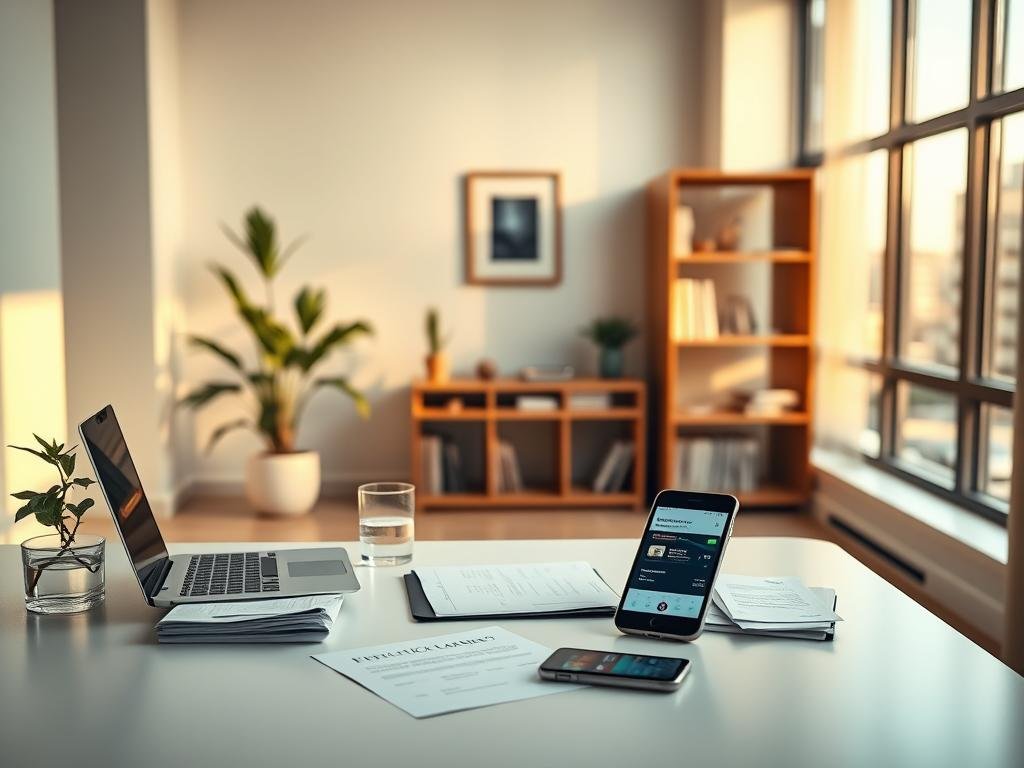 A serene, well-lit office setting with a minimalist desk displaying various financial documents, a laptop, and a smartphone displaying a mobile banking app. On the desk, a glass of water and a plant add a touch of greenery. The middle ground features a wooden bookshelf with neatly arranged books and a framed piece of art on the wall, conveying a sense of intelligence and sophistication. The background showcases a large window overlooking a cityscape, bathed in warm, natural lighting. The overall mood is one of calm, productive focus, reflecting the theme of "intelligent investments and cashback programs". Um ambiente de escritório sereno e bem iluminado, com uma mesa minimalista exibindo diversos documentos financeiros, um laptop e um smartphone com um aplicativo de mobile banking. Sobre a mesa, um copo d'água e uma planta adicionam um toque de verde. No centro, uma estante de madeira com livros cuidadosamente dispostos e uma obra de arte emoldurada na parede transmitem uma sensação de inteligência e sofisticação. Ao fundo, uma grande janela com vista para a paisagem urbana, banhada por uma luz natural e aconchegante. O clima geral é de calma e foco produtivo, refletindo o tema "investimentos inteligentes e programas de cashback".