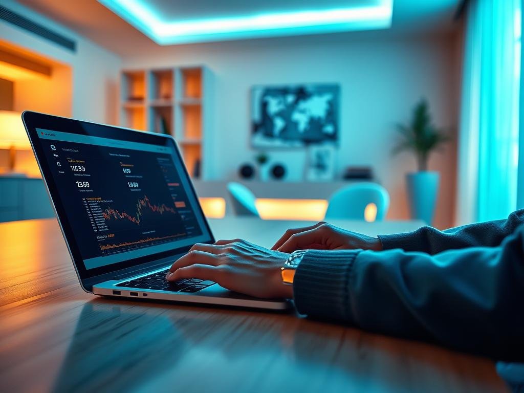 A serene, well-lit scene depicting a person carefully and securely investing in cryptocurrencies on a laptop. The foreground shows their hands interacting with the laptop's interface, with a sense of focus and attention to detail. The middle ground features a sleek, modern desk setup with minimalist decor, creating a professional, trustworthy atmosphere. The background showcases a warm, softly-lit interior with clean, contemporary design elements, conveying a sense of security and stability. The overall composition suggests a secure, informed, and deliberate approach to cryptocurrency investment. Uma cena serena e bem iluminada retrata uma pessoa investindo com cuidado e segurança em criptomoedas em um laptop. O primeiro plano mostra suas mãos interagindo com a interface do laptop, com foco e atenção aos detalhes. O plano central apresenta uma mesa elegante e moderna com decoração minimalista, criando uma atmosfera profissional e confiável. O fundo apresenta um interior aconchegante e suavemente iluminado, com elementos de design limpos e contemporâneos, transmitindo uma sensação de segurança e estabilidade. A composição geral sugere uma abordagem segura, informada e ponderada para o investimento em criptomoedas.