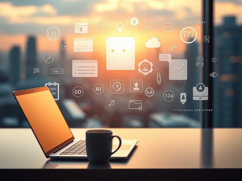 A virtual assistant's workspace, illuminated by soft, warm lighting. In the foreground, a sleek laptop and a mug of steaming coffee sit atop a minimalist desk. In the middle ground, an array of digital tools and software interfaces, including a calendar, to-do lists, and communication apps, float in a holographic display. The background showcases a serene, blurred cityscape, hinting at the remote and flexible nature of the virtual assistant's work. The overall atmosphere conveys professionalism, efficiency, and a sense of technological empowerment. O espaço de trabalho de um assistente virtual, iluminado por uma luz suave e aconchegante. Em primeiro plano, um laptop elegante e uma caneca de café fumegante repousam sobre uma mesa minimalista. No centro, uma série de ferramentas digitais e interfaces de software, incluindo um calendário, listas de tarefas e aplicativos de comunicação, flutuam em uma tela holográfica. O fundo exibe uma paisagem urbana serena e desfocada, sugerindo a natureza remota e flexível do trabalho do assistente virtual. A atmosfera geral transmite profissionalismo, eficiência e uma sensação de empoderamento tecnológico.