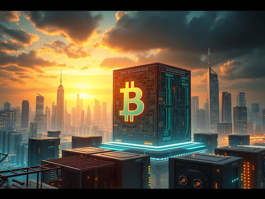 a detailed and futuristic illustration of blockchain technology and cryptocurrency mining, featuring a large central blockchain node with digital data flows and mining rigs in the foreground, set against a cityscape skyline in the background with glowing skyscrapers and a dramatic sky, lit by a warm golden light, using a cinematic, high-quality 3D rendering style Guia para Iniciantes Entenderem e Investirem com Mais Segurança
