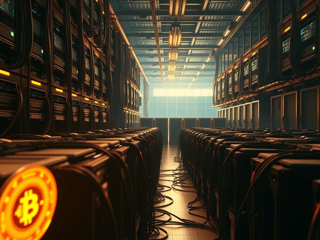 A breathtaking, cinematic scene of Bitcoin mining operations, bathed in warm, golden light. In the foreground, rows of advanced ASIC mining rigs hum with activity, their fans spinning and cooling the complex hardware. The middle ground reveals a vast, cavernous industrial space, with towering racks of mining equipment and the faint glow of LED displays. In the background, a massive array of servers and cooling systems stretches out, creating an imposing, technological landscape. The overall atmosphere is one of industrial might and the relentless power of the Bitcoin network, capturing the essence of the "Bitcoin: A Verdade Por Trás da Cripto" narrative. A breathtaking, cinematic scene of Bitcoin mining operations, bathed in warm, golden light. In the foreground, rows of advanced ASIC mining rigs hum with activity, their fans spinning and cooling the complex hardware. The middle ground reveals a vast, cavernous industrial space, with towering racks of mining equipment and the faint glow of LED displays. In the background, a massive array of servers and cooling systems stretches out, creating an imposing, technological landscape. The overall atmosphere is one of industrial might and the relentless power of the Bitcoin network, capturing the essence of the "Bitcoin: A Verdade Por Trás da Cripto" narrative.