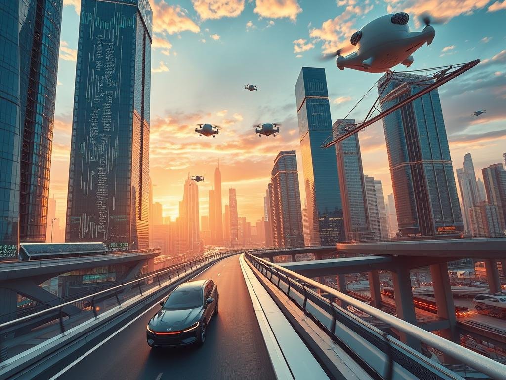 A breathtaking landscape of the digital finance future, captured in a cinematic wide-angle view. Towering skyscrapers of glass and steel rise against a vibrant, futuristic skyline, their facades adorned with holographic displays and cascading lines of digital data. In the foreground, a sleek, autonomous vehicle glides silently along a futuristic, elevated roadway, while in the distance, a network of drones and flying vehicles weave through the urban landscape. The scene is bathed in a warm, golden light, evoking a sense of progress and innovation, while subtle hints of artificial intelligence and blockchain technology are woven throughout the environment, symbolizing the transformative power of digital finance. A breathtaking landscape of the digital finance future, captured in a cinematic wide-angle view. Towering skyscrapers of glass and steel rise against a vibrant, futuristic skyline, their facades adorned with holographic displays and cascading lines of digital data. In the foreground, a sleek, autonomous vehicle glides silently along a futuristic, elevated roadway, while in the distance, a network of drones and flying vehicles weave through the urban landscape. The scene is bathed in a warm, golden light, evoking a sense of progress and innovation, while subtle hints of artificial intelligence and blockchain technology are woven throughout the environment, symbolizing the transformative power of digital finance.