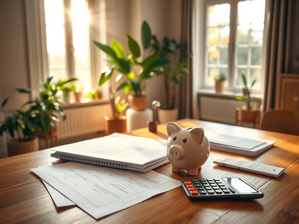 A cozy home interior with financial planning documents, a piggy bank, and a calculator neatly arranged on a warm-toned wooden table. Sunlight streams through large windows, casting a soft, golden glow. In the background, lush plants and minimalist decor create a calming, organized atmosphere. The overall scene conveys a sense of financial discipline, responsibility, and a commitment to saving money through practical, everyday strategies. Quer Guardar Dinheiro Rápido? Veja o Método que Está Viralizando
