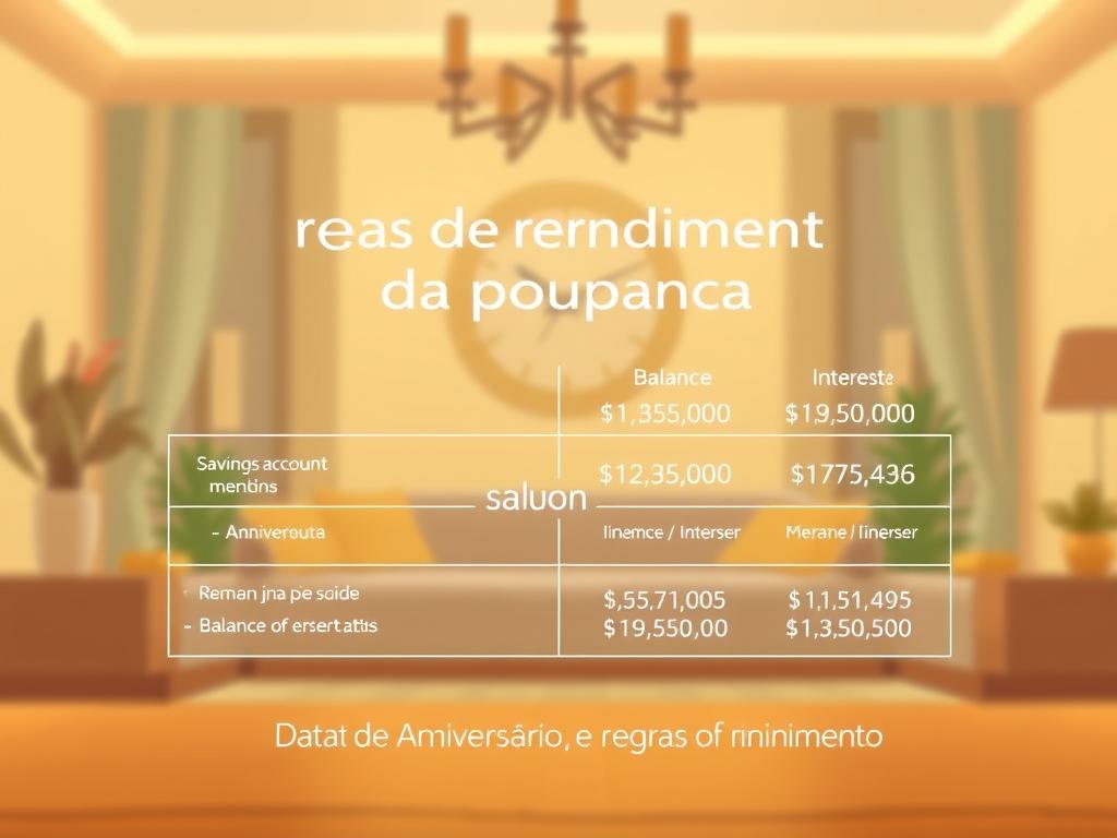 A detailed and elegant illustration depicting the "Regras de Rendimento da Poupança" (Savings Account Yield Rules). Set against a warm, inviting background, the foreground features a modern, minimalist design showcasing the key parameters that determine the yield on a savings account, such as the anniversary date, balance, and interest rates. The composition uses a soft, pastel color palette and clean typography to convey a sense of financial stability and trustworthiness. The overall mood is one of financial literacy and informed decision-making, perfectly suited to illustrate the "Data de Aniversário e Regras de Rendimento" section of the article. A detailed and elegant illustration depicting the "Regras de Rendimento da Poupança" (Savings Account Yield Rules). Set against a warm, inviting background, the foreground features a modern, minimalist design showcasing the key parameters that determine the yield on a savings account, such as the anniversary date, balance, and interest rates. The composition uses a soft, pastel color palette and clean typography to convey a sense of financial stability and trustworthiness. The overall mood is one of financial literacy and informed decision-making, perfectly suited to illustrate the "Data de Aniversário e Regras de Rendimento" section of the article.