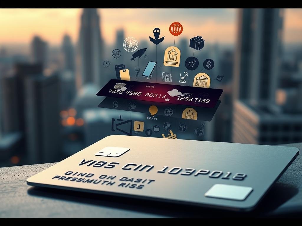 A detailed illustration of a credit card, capturing the juxtaposition of its benefits and hidden risks. In the foreground, the card itself is depicted with a glossy, metallic finish, accentuating its sleek and premium design. The middle ground showcases a layered composition, with symbols representing the card's advantages, such as convenience, rewards, and financial flexibility, contrasted by ominous icons hinting at the potential downsides, like debt, overspending, and hidden fees. The background is a softly blurred cityscape, conveying the broader financial landscape in which the card operates. The overall mood is one of balanced perspective, inviting the viewer to consider the nuanced relationship between the card's benefits and its inherent risks. Uma ilustração detalhada de um cartão de crédito, capturando a justaposição de seus benefícios e riscos ocultos. Em primeiro plano, o cartão em si é representado com um acabamento brilhante e metálico, acentuando seu design elegante e premium. O plano intermediário apresenta uma composição em camadas, com símbolos representando as vantagens do cartão, como conveniência, recompensas e flexibilidade financeira, contrastados por ícones ominosos que sugerem os possíveis inconvenientes, como dívidas, gastos excessivos e taxas ocultas. O fundo é uma paisagem urbana suavemente desfocada, transmitindo o panorama financeiro mais amplo em que o cartão opera. O clima geral é de perspectiva equilibrada, convidando o espectador a considerar a relação sutil entre os benefícios do cartão e seus riscos inerentes.