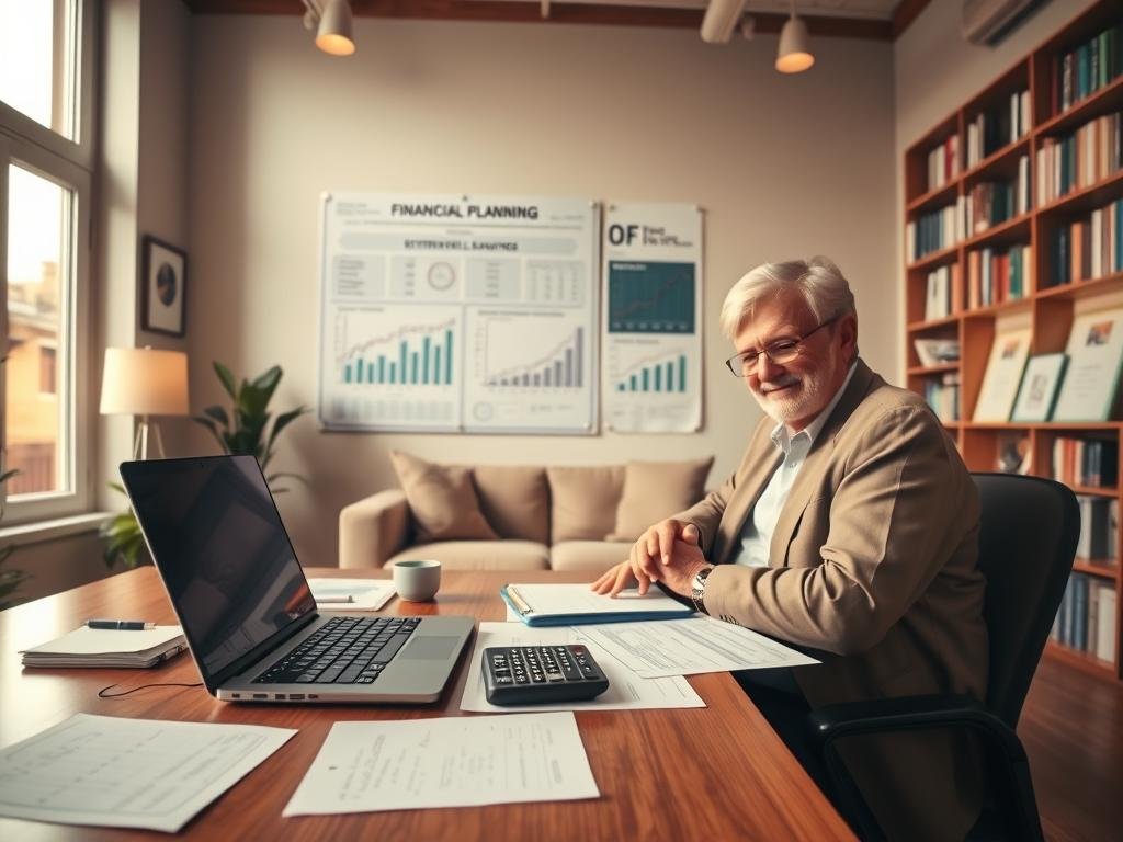 A detailed, panoramic view of a financial planning office, with a warm, inviting atmosphere. In the foreground, a desk showcases a laptop, documents, and a calculator, symbolizing the meticulous financial planning process. Behind it, a wall-mounted display presents various investment options and retirement savings plans, illuminated by soft, natural lighting from large windows. In the middle ground, a comfortable seating area encourages discussions between a financial advisor and their client, their expressions conveying a sense of confidence and trust. The background features bookshelves filled with financial literature, creating an aura of expertise and professionalism. The overall scene evokes a sense of security, stability, and a clear path towards a secure financial future. Uma vista panorâmica detalhada de um escritório de planejamento financeiro, com um ambiente acolhedor e convidativo. Em primeiro plano, uma mesa exibe um laptop, documentos e uma calculadora, simbolizando o meticuloso processo de planejamento financeiro. Atrás dela, um display de parede apresenta diversas opções de investimento e planos de previdência, iluminados pela luz suave e natural proveniente de grandes janelas. No centro, uma confortável área de estar incentiva as discussões entre um consultor financeiro e seu cliente, cujas expressões transmitem uma sensação de confiança. Ao fundo, estantes repletas de literatura financeira, criam uma aura de expertise e profissionalismo. O cenário geral evoca uma sensação de segurança, estabilidade e um caminho claro para um futuro financeiro seguro.