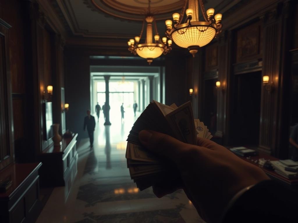 A dimly lit bank lobby, its marble floors and mahogany counters casting long shadows. In the foreground, a hand counting stacks of bills, their edges obscured by a curtain of secrecy. Overhead, a chandelier casts a warm, golden glow, hinting at the hidden financial dealings taking place. In the background, faceless bankers hurry through the corridors, their expressions unreadable. The air is thick with a sense of unease, as if the very walls are concealing something sinister. A visual representation of the "hidden banking fees" that impact the everyday consumer. Essas Verdades Sobre Crédito Podem Mudar Sua Vida Financeira