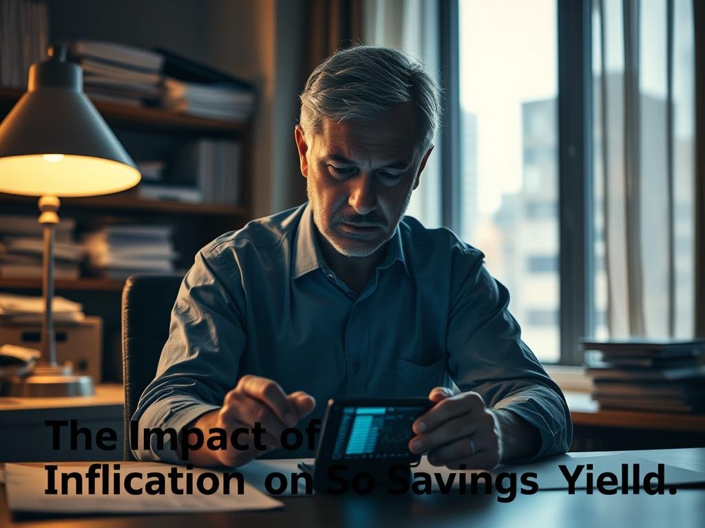 A dimly lit office setting, with a middle-aged person sitting at a desk, focused on a smartphone displaying financial data. The background features shelves of financial documents and a window overlooking a cityscape, hinting at the broader economic context. Soft, warm lighting from a desk lamp creates a pensive, contemplative atmosphere, underscoring the gravity of the topic. The person's expression conveys a mix of concern and contemplation, reflecting the impact of inflation on their savings. The composition emphasizes the interplay between the individual and the larger economic forces at play, capturing the essence of the section title, "The Impact of Inflation on Savings Yields". A dimly lit office setting, with a middle-aged person sitting at a desk, focused on a smartphone displaying financial data. The background features shelves of financial documents and a window overlooking a cityscape, hinting at the broader economic context. Soft, warm lighting from a desk lamp creates a pensive, contemplative atmosphere, underscoring the gravity of the topic. The person's expression conveys a mix of concern and contemplation, reflecting the impact of inflation on their savings. The composition emphasizes the interplay between the individual and the larger economic forces at play, capturing the essence of the section title, "The Impact of Inflation on Savings Yields".