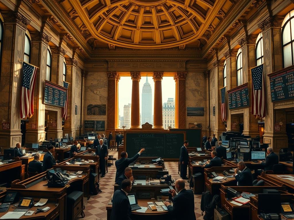 A grand marble exchange hall, its ornate columns and domed ceiling casting a warm, golden glow. Rows of wooden desks and telephones line the floor, where smartly dressed traders gesticulate and shout, capturing the frenetic energy of the stock market's evolution. In the foreground, a large chalkboard displays stock prices and ticker symbols, a testament to the technological advancements that have transformed the industry. Through towering windows, a bustling city skyline hints at the global reach of finance, as the interplay of light and shadow conveys the gravity and dynamism of the stock exchange's history. Descubra Como Começar a Investir na Bolsa Mesmo Sem Experiência