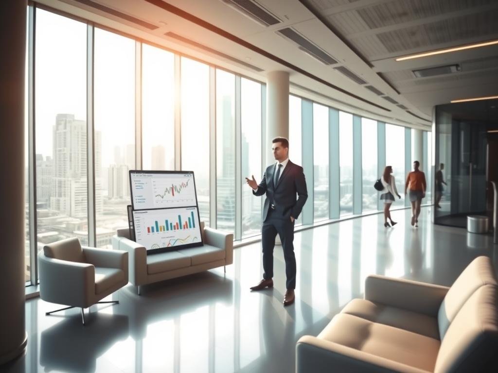 A high-tech office interior with sleek, modern furniture and floor-to-ceiling windows overlooking a bustling cityscape. Soft, directional lighting illuminates a laptop displaying a dashboard with charts and graphs, representing the digital business analytics and financial data. In the foreground, a well-dressed professional stands confidently, gesturing towards the screen, conveying the profitability and success of this digital enterprise. The atmosphere exudes a sense of innovation, productivity, and the power of technology-driven business opportunities. Como Transformar Pequenos Investimentos em Grandes Lucros