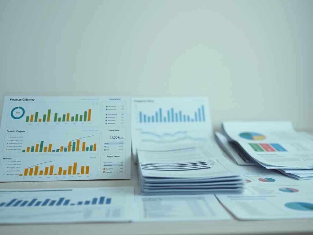 A meticulously organized financial dashboard, featuring a clean and minimalist design. The foreground showcases a series of detailed charts and graphs depicting various expense categories, with clear, color-coded visual elements. The middle ground displays a neatly arranged set of financial records and documents, conveying a sense of control and organization. The background is a serene, muted tone, providing a calming and focused atmosphere to emphasize the importance of financial management. Soft, diffused lighting illuminates the scene, creating a professional and polished aesthetic. The overall composition exudes a sense of efficiency, attention to detail, and a commitment to personal financial responsibility. Um painel financeiro meticulosamente organizado, apresentando um design limpo e minimalista. O primeiro plano destaca uma série de gráficos e tabelas detalhadas que retratam várias categorias de despesas, com elementos visuais claros e codificados por cores. O plano intermediário exibe um conjunto de registros e documentos financeiros dispostos de forma ordenada, transmitindo uma sensação de controle e organização. O fundo é de um tom sereno e suave, proporcionando uma atmosfera calma e focada para enfatizar a importância da gestão financeira. A iluminação suave e difusa ilumina a cena, criando uma estética profissional e polida. A composição geral exala uma sensação de eficiência, atenção aos detalhes e um compromisso com a responsabilidade financeira pessoal.