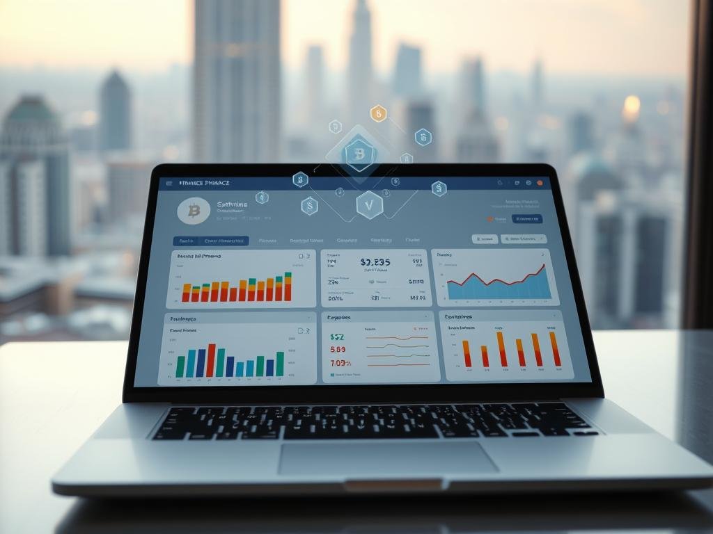 A modern, minimalist digital finance dashboard on a sleek laptop screen. The foreground features a clean interface with colorful charts, graphs, and expense-tracking tools. The middle ground shows a stylized representation of digital currency, with ethereal blockchain shapes and symbols. The background is a softly lit, blurred cityscape, hinting at the broader financial landscape. The overall mood is one of calm efficiency, with a touch of futuristic elegance. Cinematic lighting and a shallow depth of field create a sense of depth and professionalism. Quer Sair do Vermelho? Comece Controlando seu Orçamento Hoje