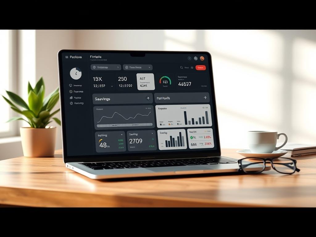 A modern, minimalist financial dashboard displayed on a laptop screen, with clean infographics and data visualizations showcasing key personal finance metrics such as income, expenses, savings, and net worth. The screen is positioned on a sleek, wooden desk, with a minimalist office setup in the background, including a plant, a cup of coffee, and a pair of glasses. The lighting is soft and natural, creating a serene and professional atmosphere. The overall impression is one of control, organization, and a clear understanding of one's personal financial situation. A modern, minimalist financial dashboard displayed on a laptop screen, with clean infographics and data visualizations showcasing key personal finance metrics such as income, expenses, savings, and net worth. The screen is positioned on a sleek, wooden desk, with a minimalist office setup in the background, including a plant, a cup of coffee, and a pair of glasses. The lighting is soft and natural, creating a serene and professional atmosphere. The overall impression is one of control, organization, and a clear understanding of one's personal financial situation.