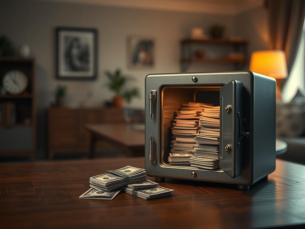 A peaceful financial haven, a sturdy metal safe resting on a wooden table, its door ajar to reveal stacks of cash within. Soft, warm lighting illuminates the scene, creating a sense of security and comfort. The background is a cozy, domestic interior, hinting at the importance of responsible financial planning for the home. The safe's design exudes reliability and stability, symbolizing the solidity of an emergency fund. The overall mood is one of financial preparedness and personal empowerment, inspiring the viewer to take proactive steps towards building their own financial safety net.