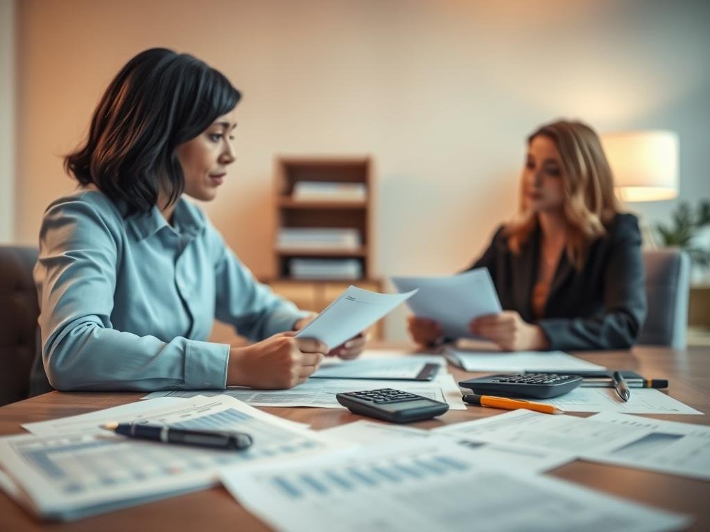 A peaceful negotiation scene with two figures seated at a table, discussing financial documents under warm, diffused lighting. The foreground features the figures, their expressions conveying a sense of understanding and compromise. The middle ground showcases an array of financial documents, calculators, and pens, hinting at the complexities of the debt renegotiation process. The background softly blurs into a calming, neutral office environment, emphasizing the focus on the negotiation. The overall mood is one of collaboration and resolution, reflecting the strategies employed to navigate the challenges of debt management. Descubra Como Sair das Dívidas com um Plano Simples e Rápido