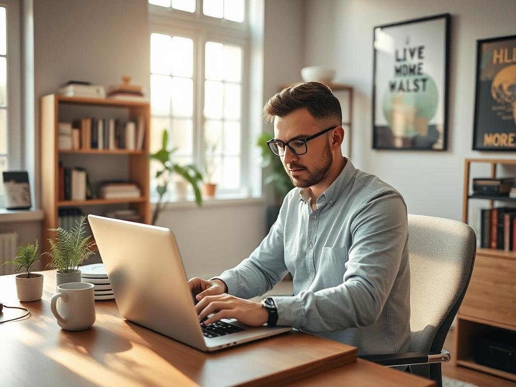 A remote freelance worker, sitting at a well-organized home office. Natural light streams in through large windows, casting a warm glow on the scene. The desk is tidy, with a sleek laptop, a cup of coffee, and a small plant adding a touch of greenery. The worker, wearing casual yet professional attire, is intently focused on the screen, hands typing away. In the background, a bookshelf filled with resources and a wall adorned with inspiring artwork creates a productive and inviting atmosphere. The overall impression is one of efficiency, comfort, and the freedom that comes with working remotely as a freelancer. Um trabalhador autônomo remoto, sentado em um escritório doméstico bem organizado. A luz natural entra pelas grandes janelas, lançando um brilho acolhedor ao ambiente. A mesa está arrumada, com um laptop elegante, uma xícara de café e uma pequena planta adicionando um toque de verde. O trabalhador, vestindo traje casual, porém profissional, está intensamente focado na tela, com as mãos digitando. Ao fundo, uma estante repleta de recursos e uma parede adornada com obras de arte inspiradoras criam uma atmosfera produtiva e convidativa. A impressão geral é de eficiência, conforto e da liberdade que advém do trabalho remoto como autônomo.