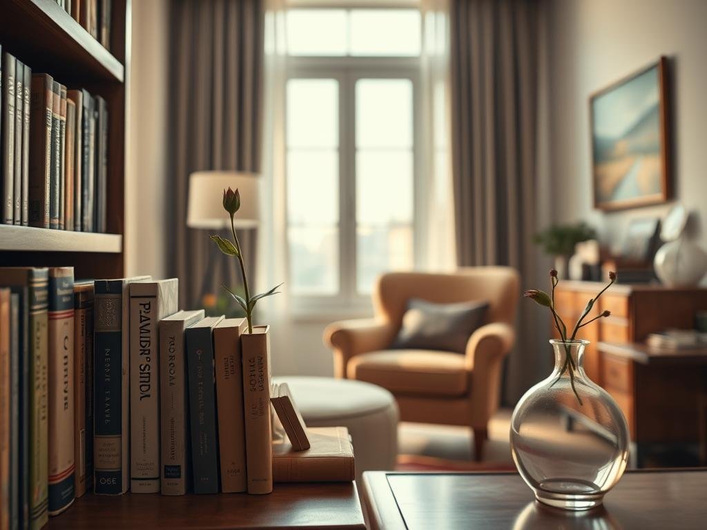 A serene home interior with a tasteful blend of modern and vintage decor. In the foreground, a neatly organized bookshelf displays well-worn volumes on personal finance and investment strategies. On a nearby side table, a simple but elegant glass vase holds a single budding flower, symbolizing the growth and blossoming of wealth through careful management. The middle ground features a plush armchair facing a large window, allowing natural light to illuminate the space and cast a warm, contemplative glow. In the background, a wall-mounted art piece depicts a tranquil landscape, evoking a sense of balance and harmony. The overall atmosphere conveys a sense of mindful, frugal living and the steady accumulation of wealth through prudent decision-making. O Caminho para o Sucesso Segundo Quem Já é Milionário