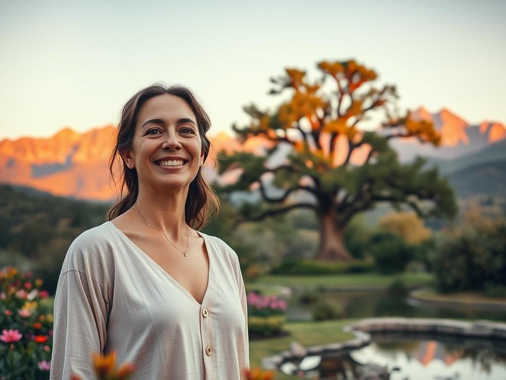 A serene landscape with a woman standing tall, her face radiant with inner peace and self-assurance. In the foreground, a lush garden with vibrant flowers and a tranquil pond, symbolizing emotional harmony. The middle ground features a sturdy oak tree, its branches reaching skyward, representing personal growth and independence. In the distance, a majestic mountain range bathed in warm, golden light, evoking a sense of clarity and achievement. Soft, diffused lighting casts a gentle glow, emphasizing the woman's self-possession and the overall atmosphere of emotional liberation and personal fulfillment. A serene landscape with a woman standing tall, her face radiant with inner peace and self-assurance. In the foreground, a lush garden with vibrant flowers and a tranquil pond, symbolizing emotional harmony. The middle ground features a sturdy oak tree, its branches reaching skyward, representing personal growth and independence. In the distance, a majestic mountain range bathed in warm, golden light, evoking a sense of clarity and achievement. Soft, diffused lighting casts a gentle glow, emphasizing the woman's self-possession and the overall atmosphere of emotional liberation and personal fulfillment.
