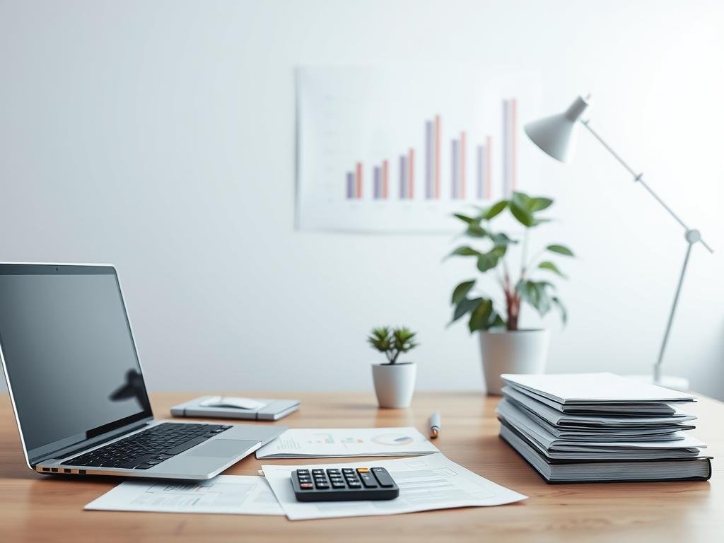 A serene, minimalist office scene depicting various financial strategies. In the foreground, a desktop with a laptop, a calculator, and neatly organized documents. In the middle ground, a potted plant and a modern desk lamp provide a touch of nature and soft lighting. The background features a clean, white wall with a simple, abstract financial diagram or infographic. The overall atmosphere is one of focus, efficiency, and careful financial planning. A serene, minimalist office scene depicting various financial strategies. In the foreground, a desktop with a laptop, a calculator, and neatly organized documents. In the middle ground, a potted plant and a modern desk lamp provide a touch of nature and soft lighting. The background features a clean, white wall with a simple, abstract financial diagram or infographic. The overall atmosphere is one of focus, efficiency, and careful financial planning.