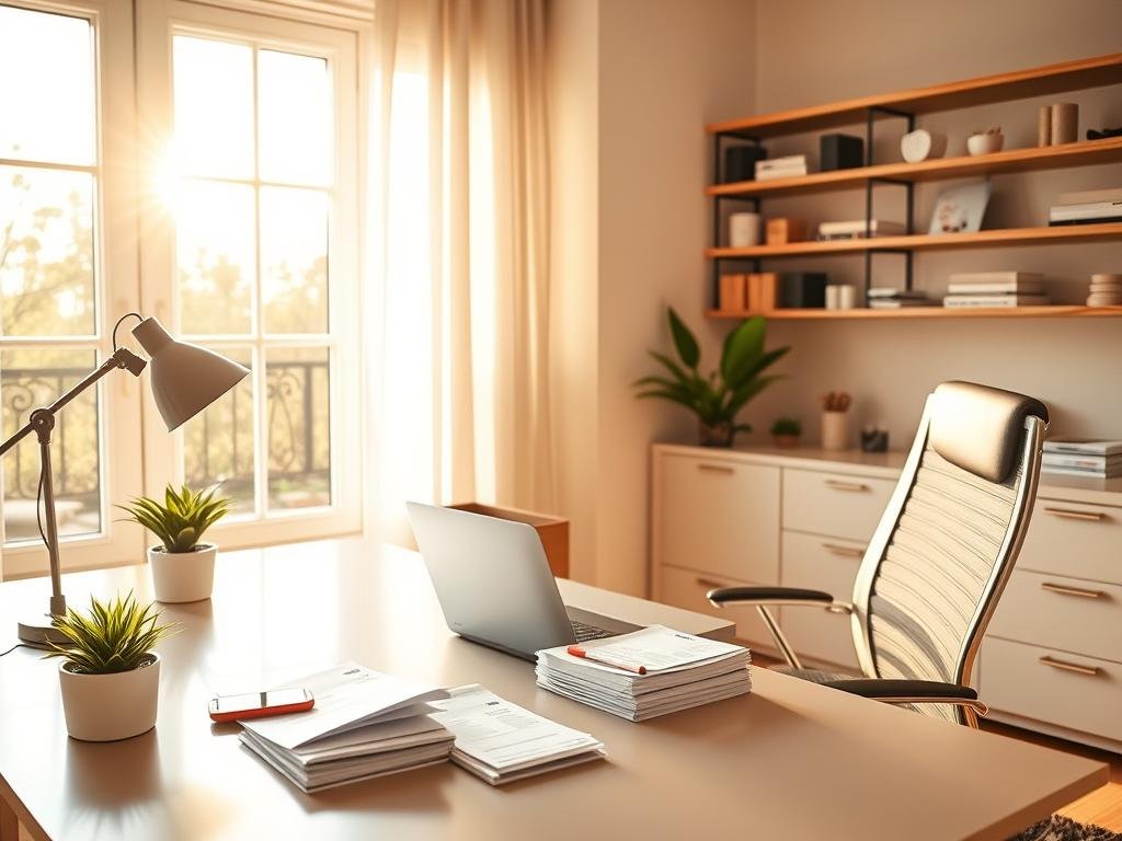 A serene, sunlit home office with a sleek, modern desk and ergonomic chair. On the desk, a laptop, a smartphone, and a stack of invoices and receipts, symbolizing the business transactions taking place. Shelves on the wall display carefully curated products, reflecting the online inventory. Warm, natural lighting filters through large windows, creating a productive and inviting atmosphere. A potted plant on the desk adds a touch of greenery, complementing the minimalist yet elegant decor. The overall scene conveys the idea of a thriving, profitable online business. Um home office sereno e ensolarado, com uma mesa elegante e moderna e uma cadeira ergonômica. Sobre a mesa, um laptop, um smartphone e uma pilha de faturas e recibos, simbolizando as transações comerciais em andamento. Prateleiras na parede exibem produtos cuidadosamente selecionados, refletindo o estoque online. A luz natural e acolhedora filtra-se pelas grandes janelas, criando uma atmosfera produtiva e convidativa. Um vaso de plantas sobre a mesa adiciona um toque de verde, complementando a decoração minimalista, porém elegante. O cenário geral transmite a ideia de um negócio online próspero e lucrativo.