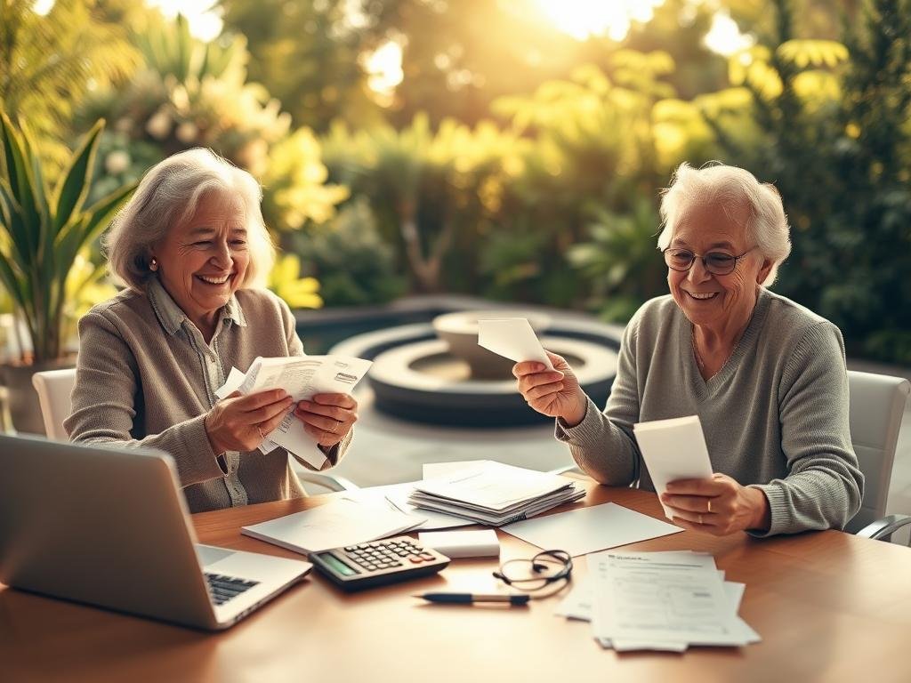 A serene, warm-toned image showcasing the elimination of debts to ensure a carefree retirement. In the foreground, a retired couple joyfully tearing up stacks of bills and paperwork, their faces radiating contentment. The middle ground features a well-organized desk with a laptop, calculator, and financial documents, signifying the meticulous planning process. In the background, a tranquil, sun-dappled garden setting with lush greenery and a calming water feature, symbolizing the peaceful, debt-free lifestyle they have achieved. Soft, diffused lighting creates a soothing atmosphere, while the camera angle provides a balanced, symmetrical composition. The overall scene conveys a sense of financial liberation and the freedom to enjoy a worry-free retirement. Como Planejar sua Aposentadoria e Viver sem Dívidas