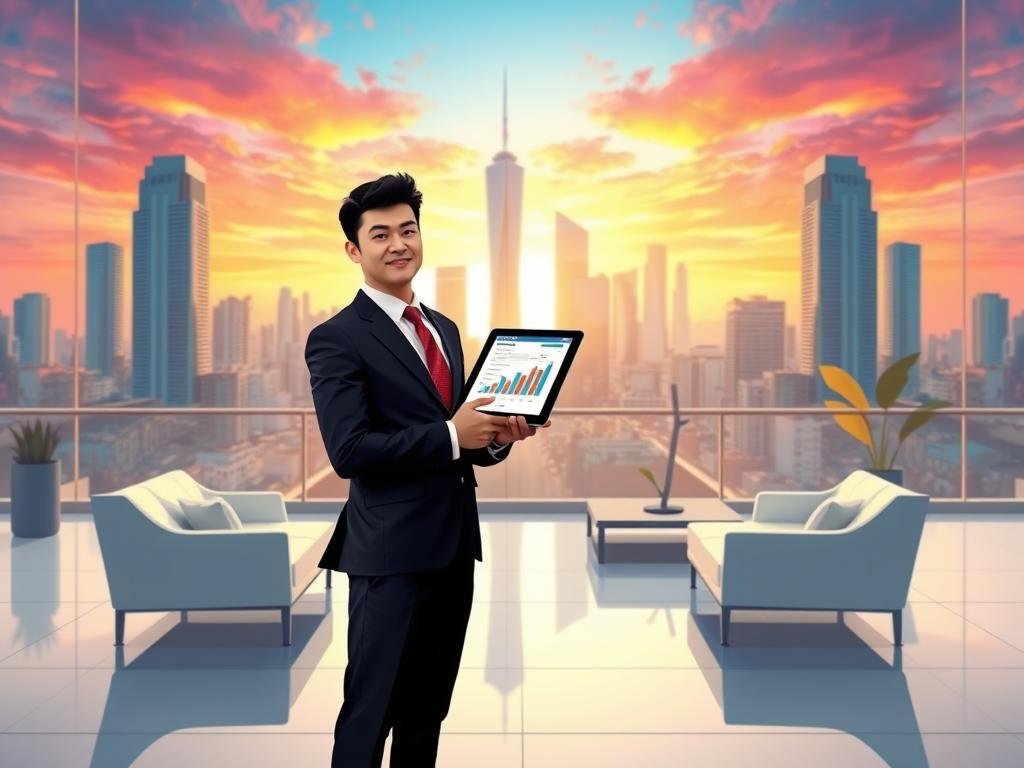 A stylized digital illustration depicting the concept of financial management and planning. In the foreground, a well-dressed individual stands confidently, holding a tablet displaying financial charts and graphs. The middle ground features a sleek, modern office setting with minimalist furniture and clean lines. In the background, a cityscape with towering skyscrapers and a vibrant, colorful sky creates a sense of prosperity and progress. The lighting is soft and warm, creating a professional and aspirational atmosphere. The overall composition conveys a sense of control, organization, and strategic financial decision-making. Uma ilustração digital estilizada que retrata o conceito de gestão e planejamento financeiro. Em primeiro plano, uma pessoa bem vestida se destaca com confiança, segurando um tablet que exibe gráficos e tabelas financeiras. No meio da cena, há um ambiente de escritório moderno e elegante, com móveis minimalistas e linhas limpas. Ao fundo, um horizonte urbano com arranha-céus imponentes e um céu vibrante e colorido cria uma sensação de prosperidade e progresso. A iluminação é suave e quente, criando uma atmosfera profissional e aspiracional. A composição geral transmite uma sensação de controle, organização e tomada de decisões financeiras estratégicas.