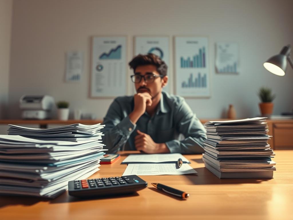 A vibrant and well-organized workspace, featuring a neatly arranged desk with stacks of financial documents, a calculator, and a pen. In the foreground, a person sits thoughtfully, contemplating strategies to pay off debts. The scene is bathed in warm, directional lighting, casting a focused and determined atmosphere. The background is a clean, minimalist office setting, with subtle hints of financial charts and graphs on the walls, conveying a sense of financial control and organization. The overall composition suggests a methodical and disciplined approach to debt management, with a focus on effective strategies to become debt-free. Um ambiente de trabalho vibrante e bem organizado, com uma mesa arrumada contendo pilhas de documentos financeiros, uma calculadora e uma caneta. Em primeiro plano, uma pessoa senta-se pensativamente, contemplando estratégias para quitar dívidas. A cena é iluminada por uma luz quente e direcional, criando uma atmosfera focada e determinada. O fundo é um ambiente de escritório limpo e minimalista, com sutis indícios de gráficos e tabelas financeiras nas paredes, transmitindo uma sensação de controle financeiro e organização. A composição geral sugere uma abordagem metódica e disciplinada para a gestão de dívidas, com foco em estratégias eficazes para se livrar das dívidas.