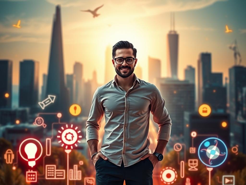 A vibrant digital entrepreneurship landscape, with a central figure representing a confident, tech-savvy business owner. In the foreground, dynamic icons and symbols symbolize the key skills needed for digital entrepreneurship - creativity, innovation, problem-solving, and adaptability. The middle ground features a cityscape of modern, sleek skyscrapers, reflecting the fast-paced, technology-driven nature of the digital business world. The background is bathed in a warm, golden glow, conveying a sense of opportunity and success. Cinematic lighting casts dramatic shadows, emphasizing the depth and dimensionality of the scene. The overall mood is one of dynamism, determination, and the boundless potential of digital entrepreneurship. Um vibrante cenário de empreendedorismo digital, com uma figura central representando um proprietário de negócio confiante e antenado em tecnologia. Em primeiro plano, ícones e símbolos dinâmicos simbolizam as principais habilidades necessárias para o empreendedorismo digital - criatividade, inovação, resolução de problemas e adaptabilidade. No meio, há uma paisagem urbana de arranha-céus modernos e elegantes, refletindo a natureza acelerada e orientada pela tecnologia do mundo dos negócios digitais. O fundo é banhado por um caloroso brilho dourado, transmitindo uma sensação de oportunidade e sucesso. A iluminação cinematográfica projeta sombras dramáticas, enfatizando a profundidade e a dimensionalidade da cena. O clima geral é de dinamismo, determinação e o potencial ilimitado do empreendedorismo digital.
