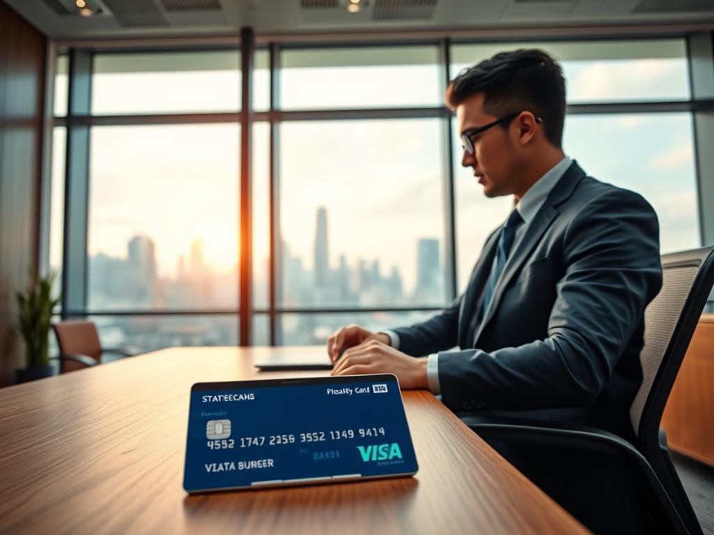 A well-lit, contemporary office interior with a wooden desk and ergonomic chair. On the desk, a credit card and a tablet display a financial dashboard with graphs and charts, representing strategies for managing credit card expenses. The middle ground features a person, dressed in business attire, intently studying the financial data. The background showcases a large window, providing a view of a bustling city skyline, conveying a sense of professionalism and financial responsibility. The overall scene exudes a mood of thoughtful financial planning and wise credit card usage. A well-lit, contemporary office interior with a wooden desk and ergonomic chair. On the desk, a credit card and a tablet display a financial dashboard with graphs and charts, representing strategies for managing credit card expenses. The middle ground features a person, dressed in business attire, intently studying the financial data. The background showcases a large window, providing a view of a bustling city skyline, conveying a sense of professionalism and financial responsibility. The overall scene exudes a mood of thoughtful financial planning and wise credit card usage.