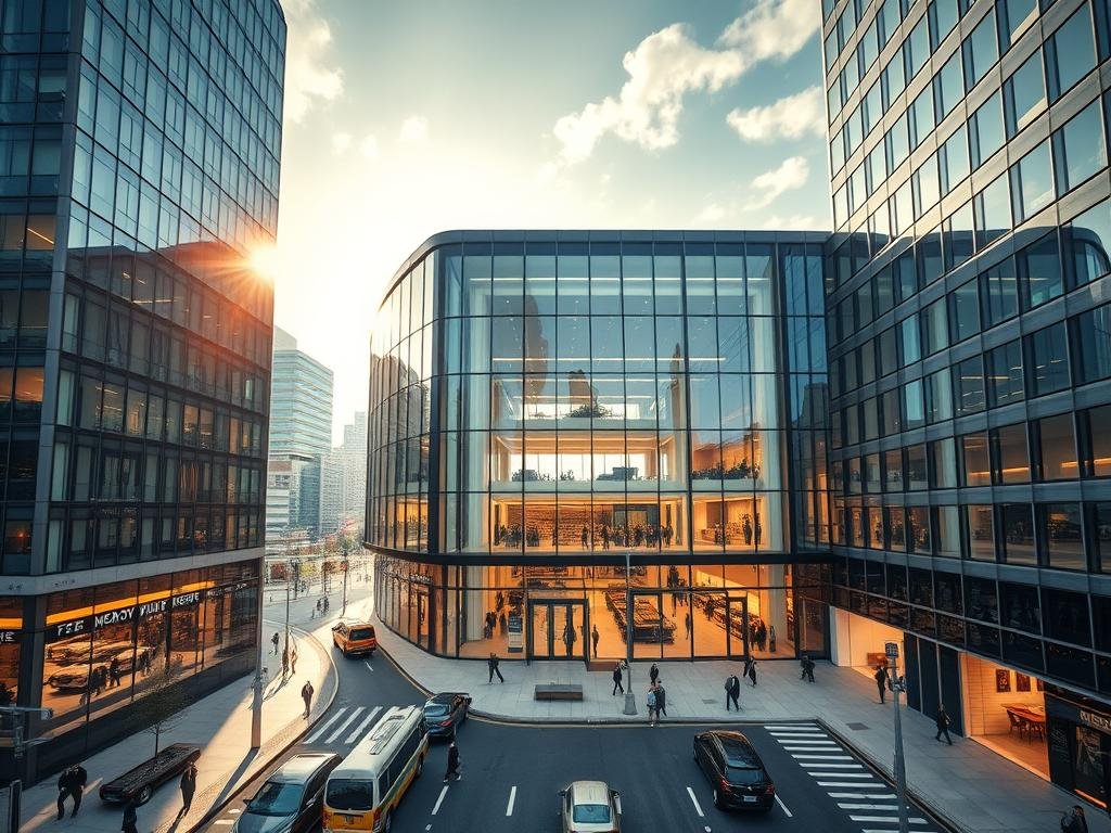 A wide commercial building with a sleek modern facade stands prominently in a bustling city landscape. The structure's clean lines and glass walls reflect the vibrant urban environment, hinting at the valuable commercial opportunities within. Sunlight filters in through large windows, illuminating a spacious and well-appointed interior filled with professional offices and retail spaces, ripe for savvy investors to transform into lucrative ventures. The surrounding area is alive with activity, bustling with pedestrians and the flow of traffic, suggesting the building's prime location and potential for strong returns. An atmosphere of prosperity and growth pervades the scene, capturing the essence of a wise commercial real estate investment. A wide commercial building with a sleek modern facade stands prominently in a bustling city landscape. The structure's clean lines and glass walls reflect the vibrant urban environment, hinting at the valuable commercial opportunities within. Sunlight filters in through large windows, illuminating a spacious and well-appointed interior filled with professional offices and retail spaces, ripe for savvy investors to transform into lucrative ventures. The surrounding area is alive with activity, bustling with pedestrians and the flow of traffic, suggesting the building's prime location and potential for strong returns. An atmosphere of prosperity and growth pervades the scene, capturing the essence of a wise commercial real estate investment.