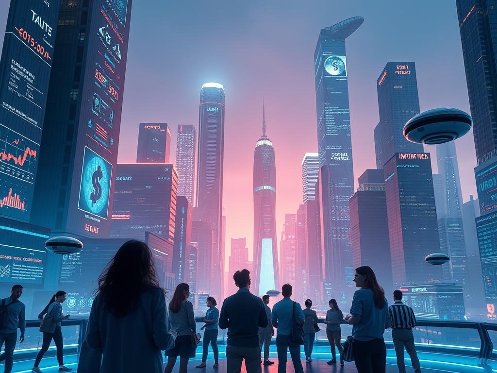Decentralized finance (DeFi) digital investments: a futuristic cityscape with towering skyscrapers housing advanced financial technologies. Glowing holographic displays showcase blockchain-powered transactions, smart contracts, and decentralized applications. In the foreground, a diverse group of people interact with intuitive digital interfaces, seamlessly managing their personal finances. The scene is bathed in a cool, neon-tinged lighting, conveying a sense of innovation, efficiency, and the empowerment of individual financial freedom. Sleek, minimalist architecture and floating transport pods hint at a highly advanced, technology-driven society. The overall mood is one of progress, technological sophistication, and the promise of a decentralized financial future. Investimentos digitais em finanças descentralizadas (DeFi): uma paisagem urbana futurista com arranha-céus imponentes abrigando tecnologias financeiras avançadas. Telas holográficas brilhantes exibem transações baseadas em blockchain, contratos inteligentes e aplicativos descentralizados. Em primeiro plano, um grupo diversificado de pessoas interage com interfaces digitais intuitivas, gerenciando suas finanças pessoais com facilidade. A cena é banhada por uma iluminação neon suave, transmitindo uma sensação de inovação, eficiência e o fortalecimento da liberdade financeira individual. Arquitetura elegante e minimalista e cápsulas de transporte flutuantes sugerem uma sociedade altamente avançada e impulsionada pela tecnologia. O clima geral é de progresso, sofisticação tecnológica e a promessa de um futuro financeiro descentralizado.