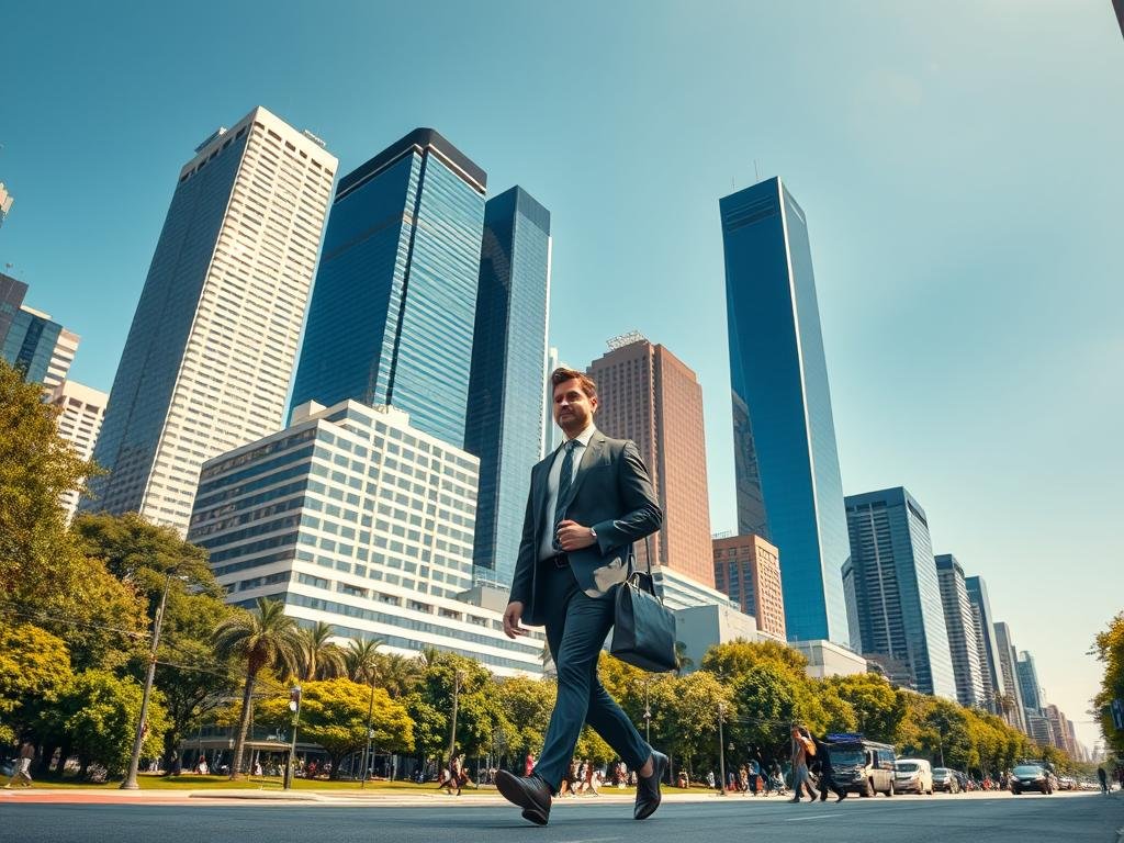 Strategies for Financial Freedom: a sun-drenched, geometric cityscape with modern high-rises and sleek, glass skyscrapers towering over lush, verdant parks. In the foreground, a well-dressed professional walks purposefully, briefcase in hand, reflecting the determined pursuit of financial independence. The middle ground showcases bustling streets, diverse pedestrians, and a sense of urban dynamism. The background features a clear, azure sky, hinting at the limitless possibilities and bright future that financial freedom can unlock. Captured with a wide-angle lens, the scene exudes a sense of scale, ambition, and the attainable nature of achieving one's financial goals. Strategies for Financial Freedom: a sun-drenched, geometric cityscape with modern high-rises and sleek, glass skyscrapers towering over lush, verdant parks. In the foreground, a well-dressed professional walks purposefully, briefcase in hand, reflecting the determined pursuit of financial independence. The middle ground showcases bustling streets, diverse pedestrians, and a sense of urban dynamism. The background features a clear, azure sky, hinting at the limitless possibilities and bright future that financial freedom can unlock. Captured with a wide-angle lens, the scene exudes a sense of scale, ambition, and the attainable nature of achieving one's financial goals.