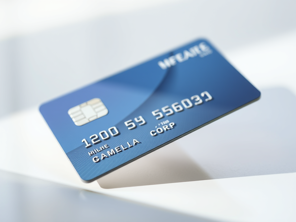Cartão de crédito azul com chip, parcialmente visível sobre uma superfície clara, com números em destaque.