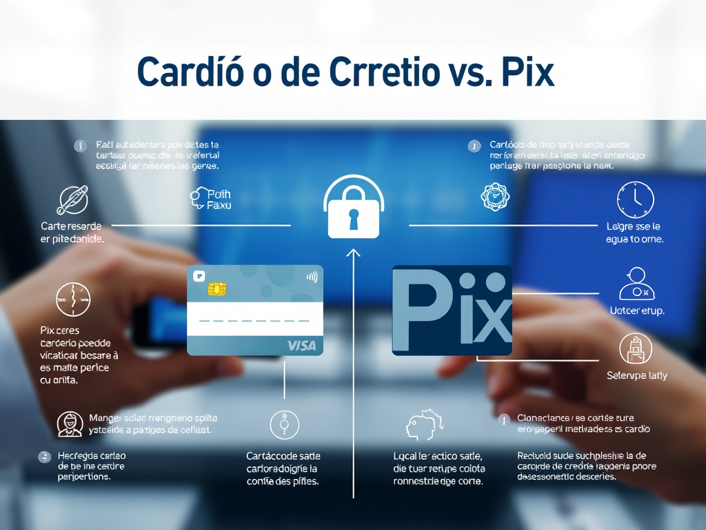 Comparação visual entre cartão de crédito e Pix, destacando características como segurança, facilidade de uso e métodos de pagamento.