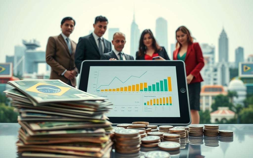 A detailed representation of Brazil's public debt showcased in an informative and visually engaging way. In the foreground, a stack of Brazilian currency notes and coins symbolizes financial matters. In the middle ground, a diverse group of professionals in business attire—an economist, a banker, and a policy analyst—are gathered around a large digital tablet displaying graphs and statistics related to Brazil's public debt. In the background, a stylized skyline of Brazilian cities, such as Brasília and São Paulo, creates a sense of place. The lighting is bright and focused, emphasizing a serious and analytical atmosphere, while the composition is shot at eye level to draw the viewer's attention directly to the subjects and the financial components they are discussing. A detailed representation of Brazil's public debt showcased in an informative and visually engaging way. In the foreground, a stack of Brazilian currency notes and coins symbolizes financial matters. In the middle ground, a diverse group of professionals in business attire—an economist, a banker, and a policy analyst—are gathered around a large digital tablet displaying graphs and statistics related to Brazil's public debt. In the background, a stylized skyline of Brazilian cities, such as Brasília and São Paulo, creates a sense of place. The lighting is bright and focused, emphasizing a serious and analytical atmosphere, while the composition is shot at eye level to draw the viewer's attention directly to the subjects and the financial components they are discussing.