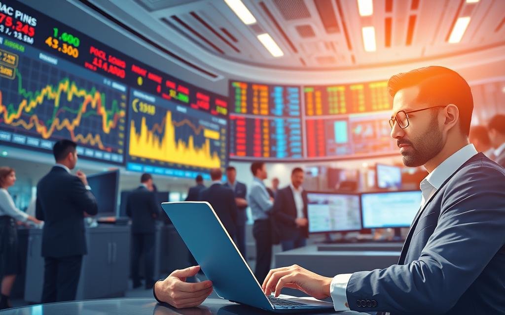 A dynamic and informative illustration of a commodities market operation. In the foreground, depict a professional trader analyzing data on a laptop, wearing smart business attire. In the middle, include a digital display board filled with fluctuating graphs and numbers representing commodity prices like oil, gold, and agricultural products. In the background, visualize a bustling trading floor with multiple screens, showing diverse traders engaged in discussions and transactions, all exuding a sense of urgency and focus. The lighting should be bright and modern, reflecting a high-tech environment, with a slight overhead angle to encapsulate the entire scene. The overall mood should convey a sense of opportunity and energy in the commodities market. Commodities Em Alta: Uma Oportunidade De Investimento?