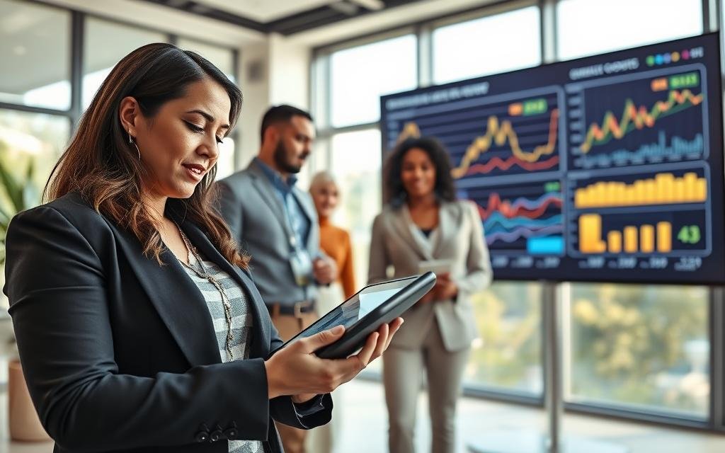 A dynamic and insightful overview of high-value commodities in an agricultural and financial context. In the foreground, a robust, professionally dressed businesswoman examines a digital tablet displaying rising commodity charts, her expression reflecting focus and determination. In the middle, a diverse group of professionals engaged in discussion, with graphs and data visualizations projected on a large screen behind them, showcasing various commodities such as corn, oil, and gold. The background features a modern office setting with large windows allowing natural light to illuminate the space, creating an atmosphere of ambition and opportunity. Soft but clear lighting highlights the figures, while the angle captures both the subjects and the vibrant data visuals. The overall mood is one of optimism and insight into investment potential. Commodities Em Alta