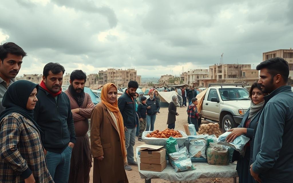 A poignant scene depicting humanitarian crises in a war-torn region. In the foreground, a group of diverse individuals, wearing modest casual clothing, gather around a makeshift aid station, their expressions reflecting concern and resilience. In the middle ground, volunteers distribute food and medical supplies, exuding a sense of urgency and compassion. Scattered tents shelter families, hinting at displacement and struggle. The background showcases ruined buildings under a cloudy, overcast sky, evoking a somber atmosphere. Use soft, diffused lighting to highlight the emotional gravity of the situation, capturing a sense of both hope and despair. The angle is slightly elevated, offering a comprehensive view of the scene that emphasizes the human spirit amidst adversity.