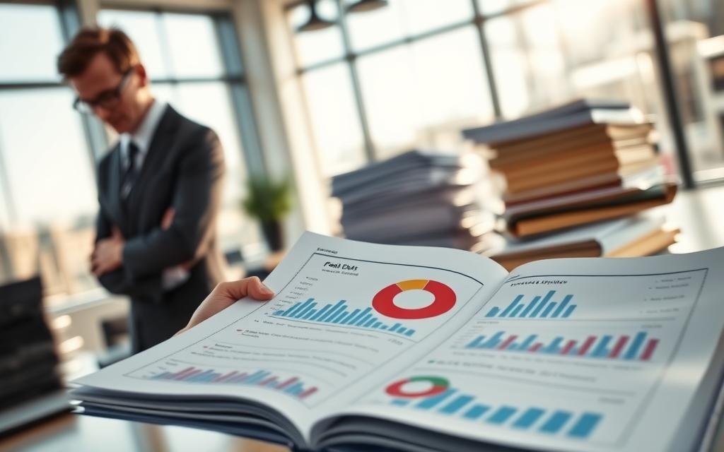 A visually striking representation of government budget expenditures, featuring a large, open ledger filled with financial graphs and pie charts. In the foreground, a well-dressed business professional examines the ledger with a thoughtful expression, wearing a suit and glasses. The middle ground showcases a blurred stack of documents and a calculator, symbolizing the complexity of financial analysis. In the background, a modern office setting with large windows allowing natural light to filter in, casting soft shadows around the room, enhances the professional atmosphere. The mood is serious and analytical, reflecting the importance of public debt and its impact on the economy. Use bright and clear lighting to emphasize the details of the financial documents. A Dívida Pública Do Brasil É Um Risco Para Você?