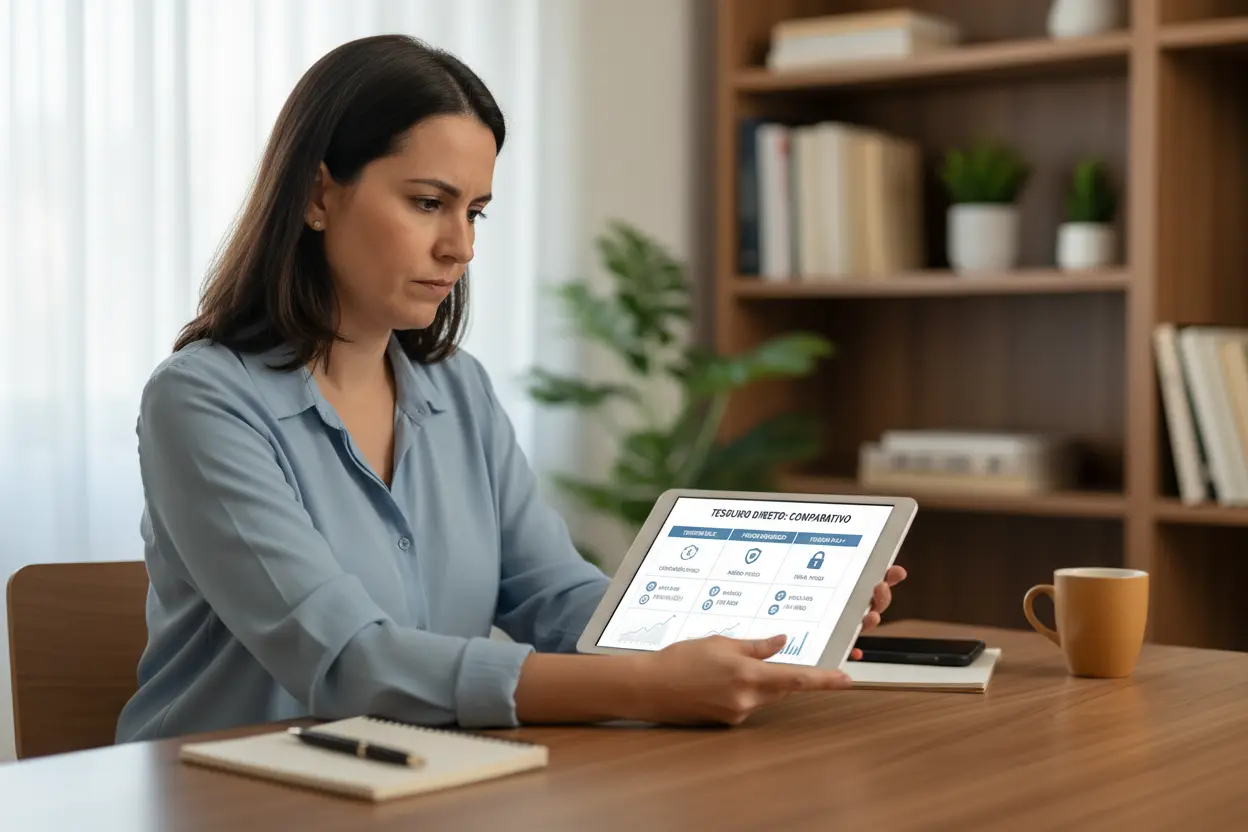 Pessoa analisando tipos de títulos do Tesouro Direto em tablet
