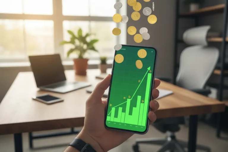 Gráfico de ações em smartphone com moedas caindo, representando como ganhar dinheiro com dividendos.