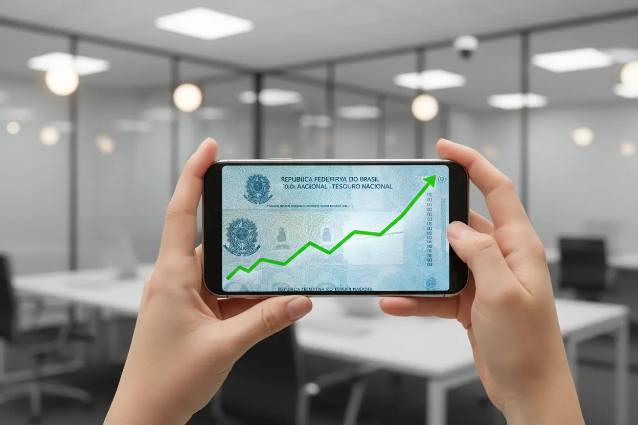 Mãos segurando smartphone com gráfico de investimento em Tesouro Direto