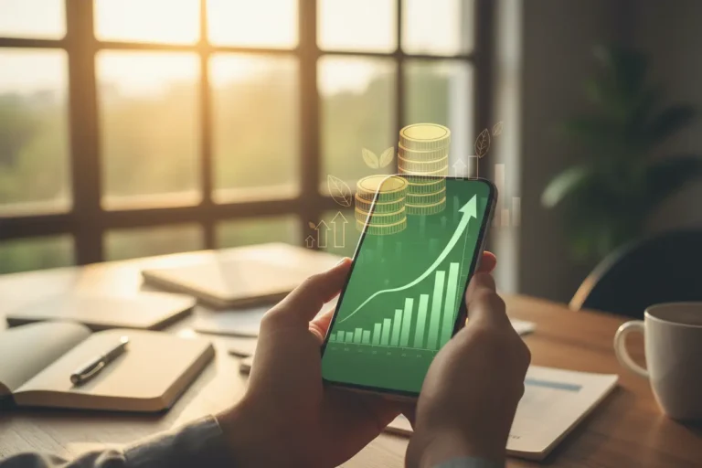 Gráfico de ações em smartphone com moedas e setas de crescimento.