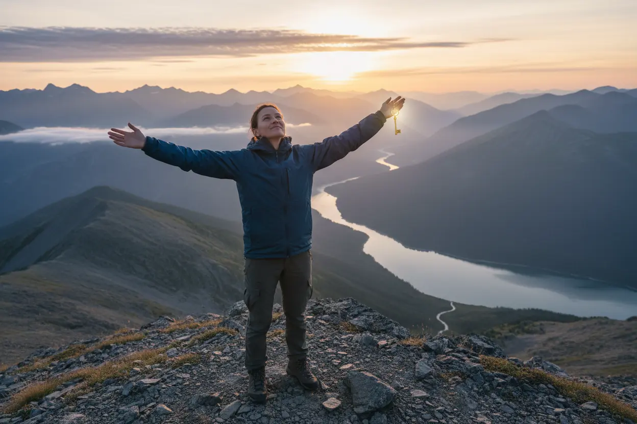 O que é liberdade financeira e como alcançar, pessoa no topo da montanha