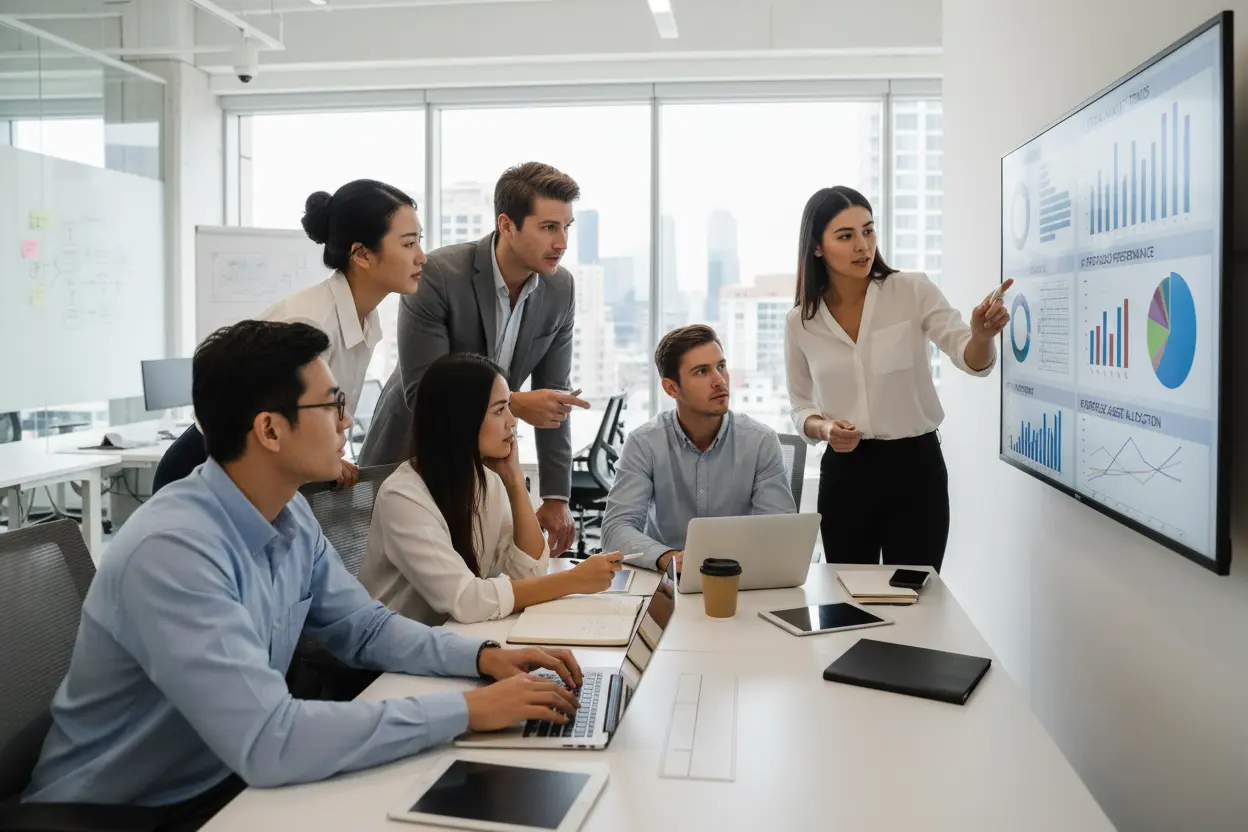 Profissionais analisando dados financeiros para escolher as melhores ações para investir hoje.