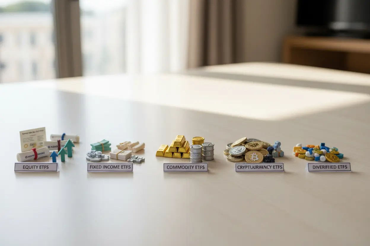 Categorias de ETFs Miniaturas de ativos financeiros organizados por tipo de ETF