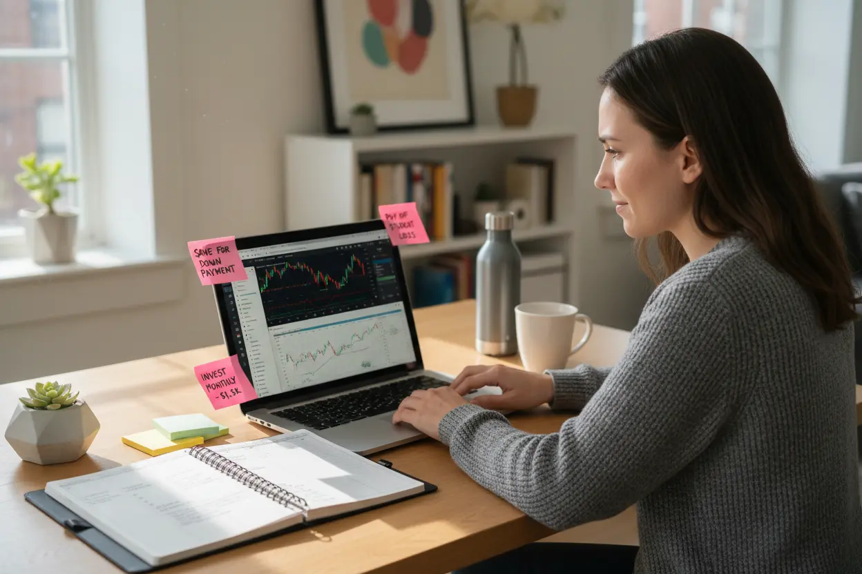 Pessoa planejando finanças, metas claras